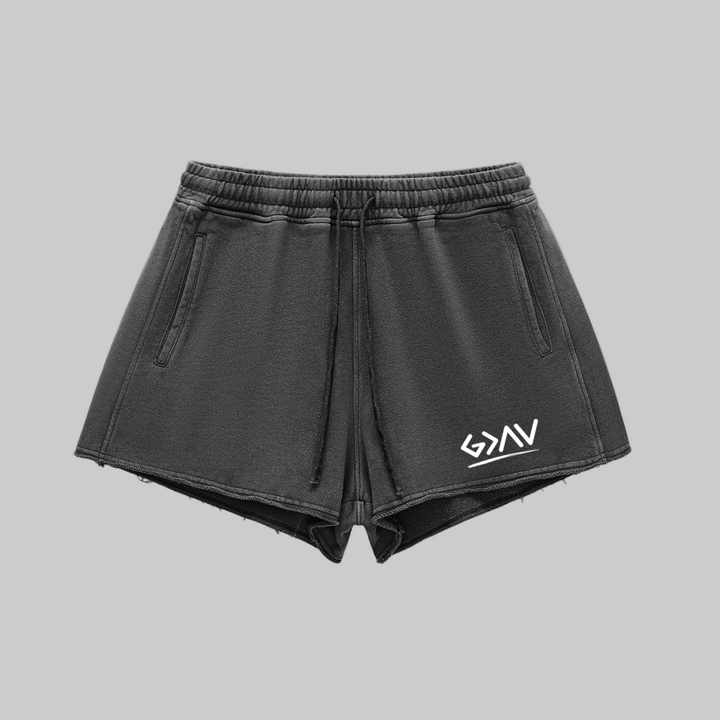 Snow Washed Raw Edge Drawstring Shorts